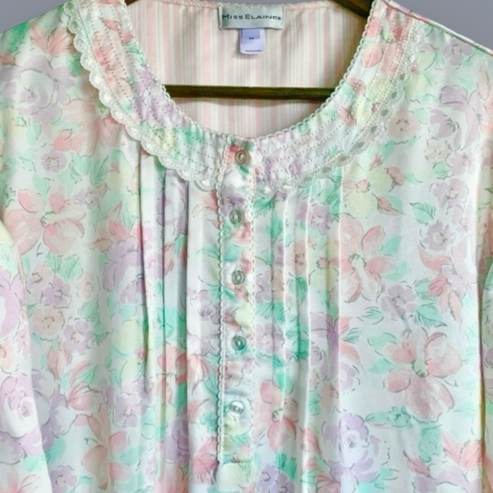 MISS ELAINE Satin Brushed Night Gown | Floral Pastels |Size M